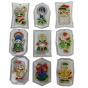 Vintage Christmas Ornaments Set of 9 Clear Plastic Retro Suncatchers